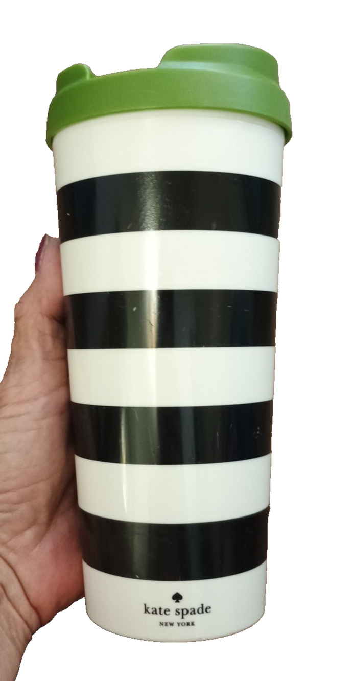 KATE SPADE black white striped Green Lid thermal coffee mug tumbler 16oz Scrapes